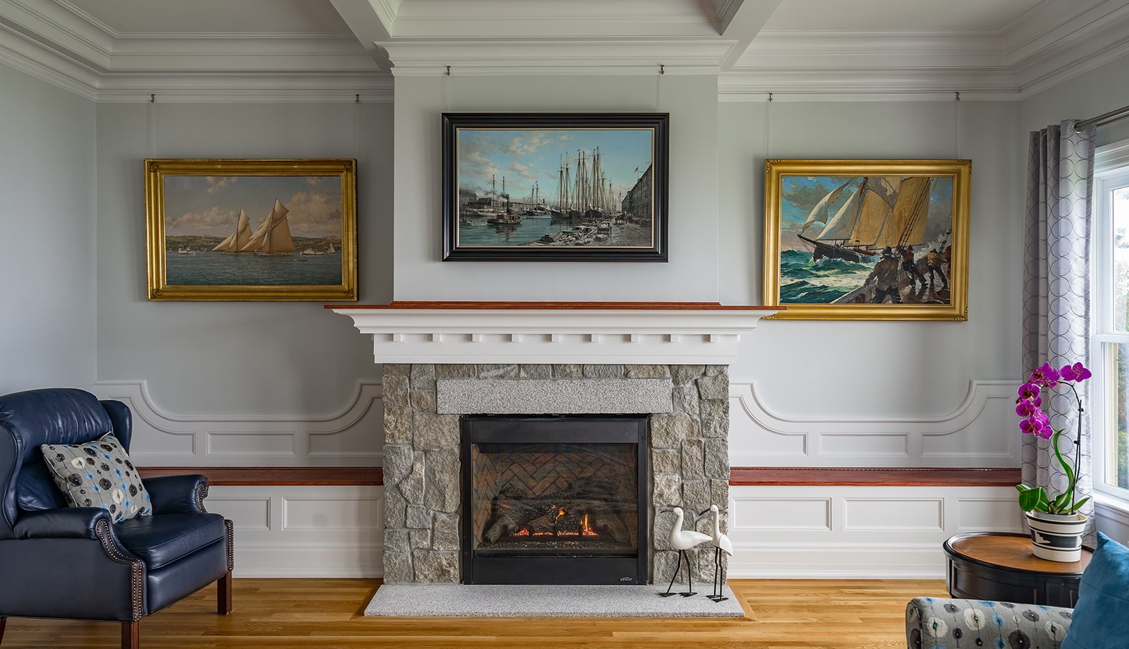 Oceanfront Shingle Style Gloucester MA Fireplace featured